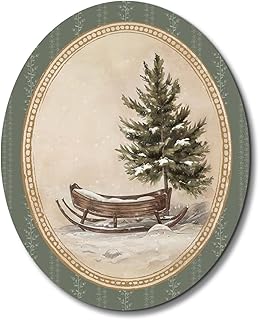 Dilemat Vintage Christmas Wall Decor,Rustic Winter Christmas Sleigh Oval Wall Art Decor,Neutral Winter Country Xmas Sleigh Wooden Hanging Decor for Home Bedroom Living Room
