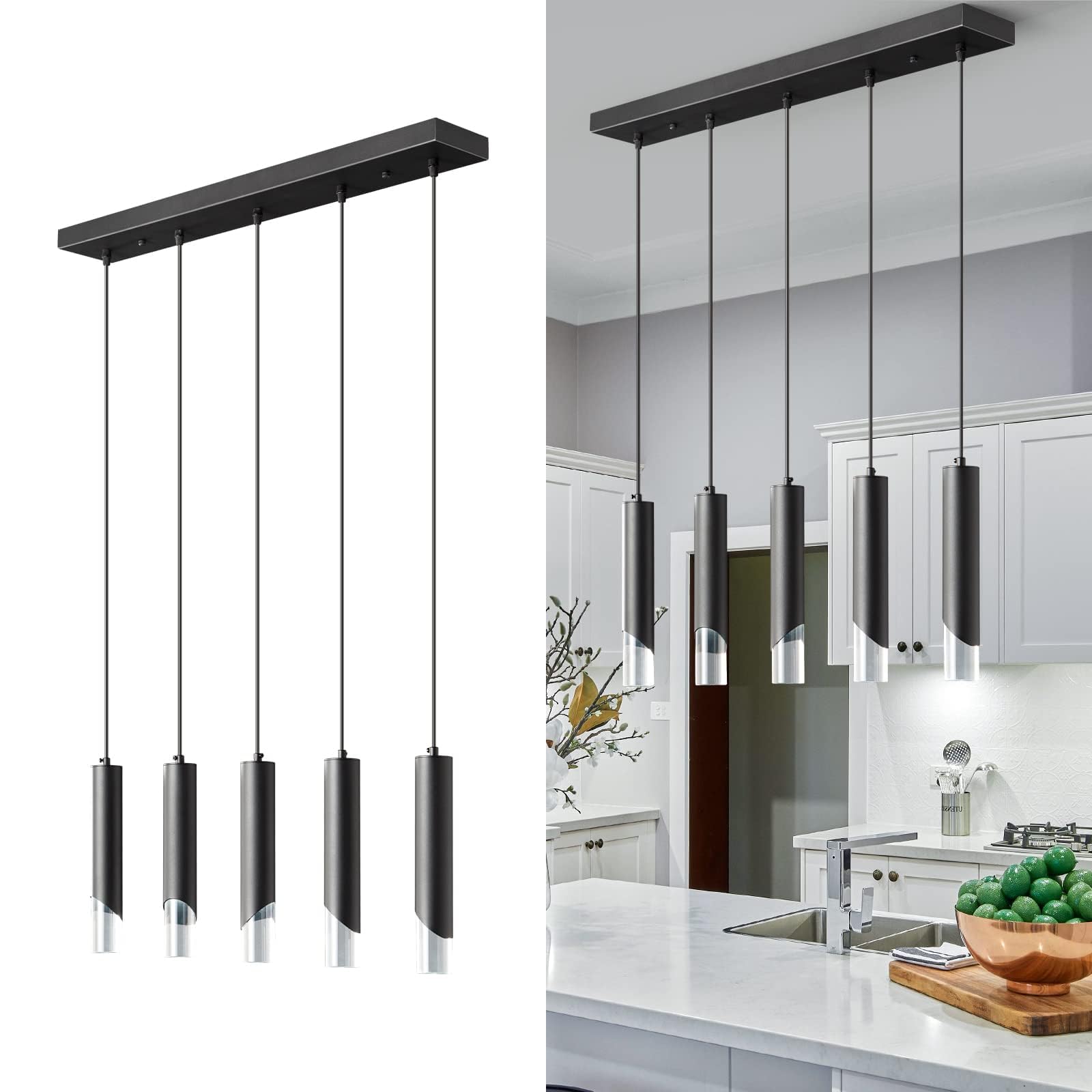 LIANGMH 5-Light Modern Pendant Light Kitchen Island Light Fixture Dimmable LED Black Mini Pendant Lights Dinning Room Kitchen Adjustable Pendant
