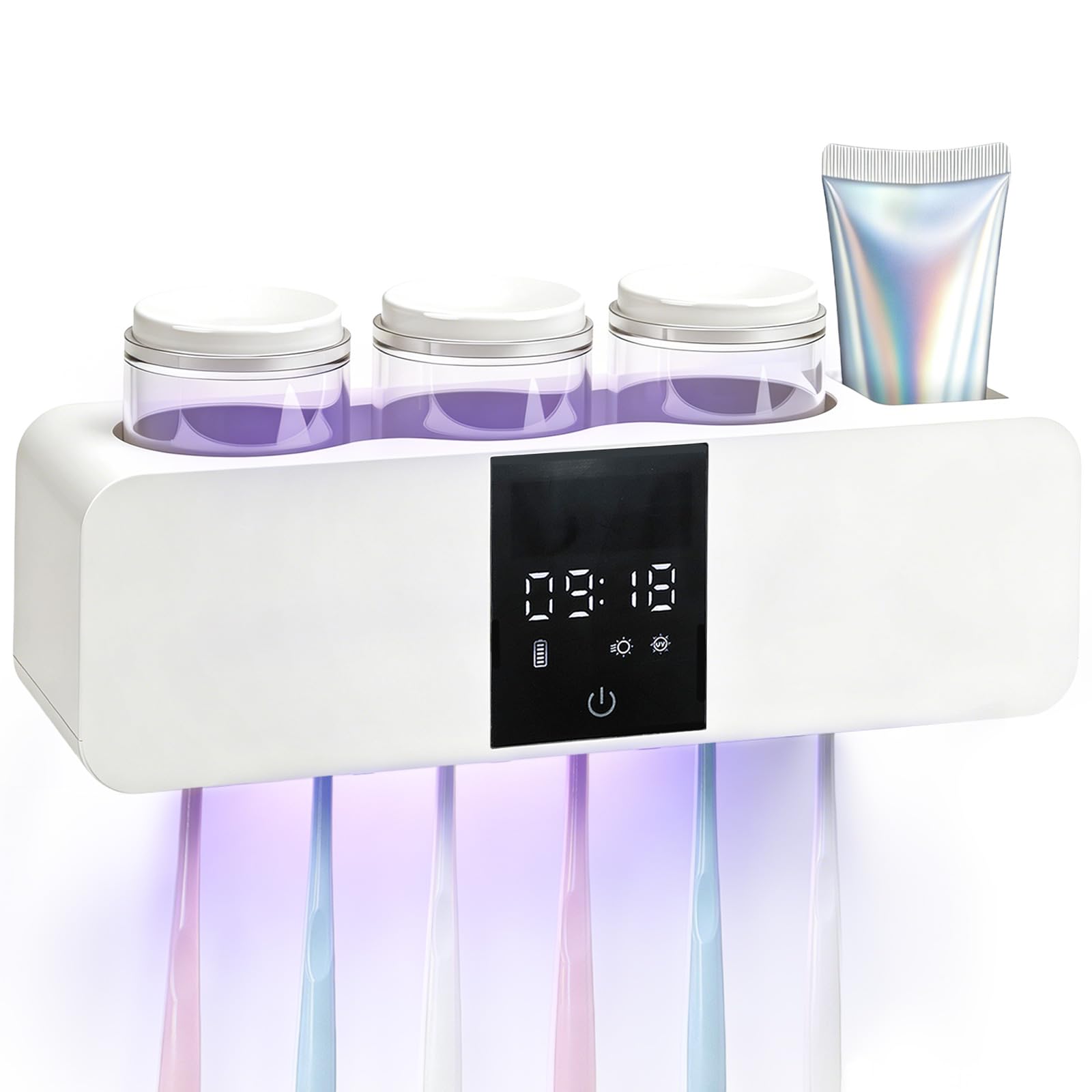 Sterilizzatore Portaspazzolino UV, Supporto per Spazzolini da Denti a Parete Porta Elettrico con Asciugatura e Disinfezione Portaspazzolino da Parete Senza Foratura con 6 slot e 3 tazze，Bianco