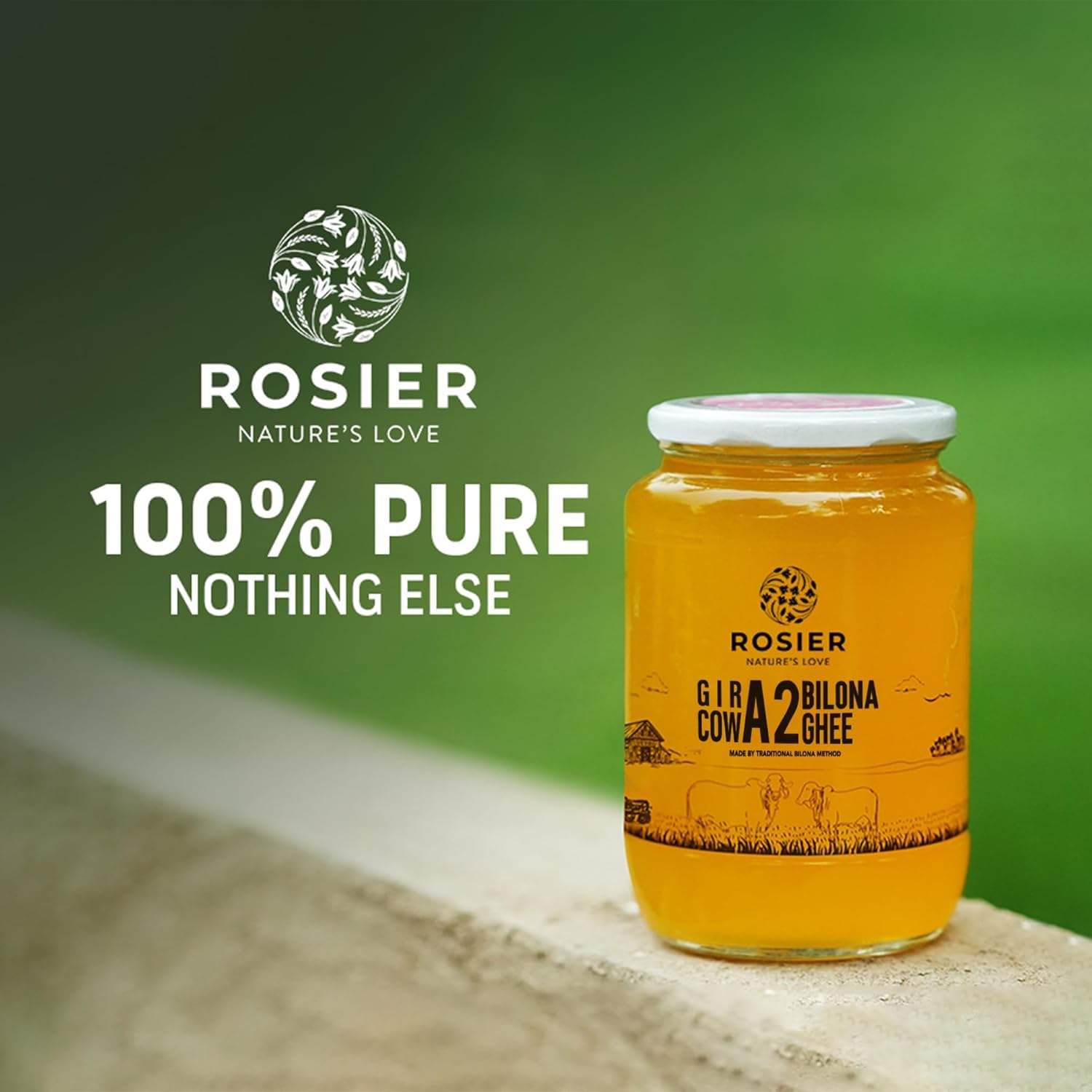 ROSIER A2 Gir Cow Ghee (500 ml) | Traditional Bilona Method A2 Cow Ghee | Grassfed, Pure and Healthy Desi Cow Ghe (Glass Bottle - 500 ML)