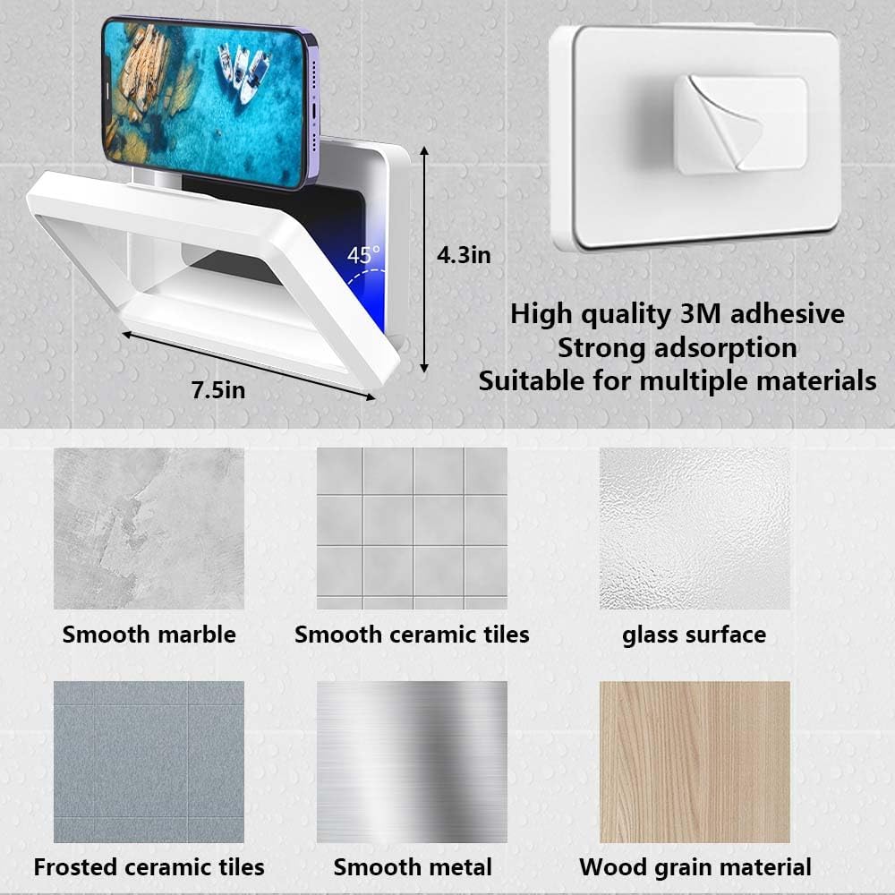 Shower Phone Holder Waterproof, 360° rotatable Adjustable rain Phone case，Waterproof and Anti-Fog Sensitive Touch Screen，Suitable for Bathroom Wall Mirror Bathtub Kitchen (White)