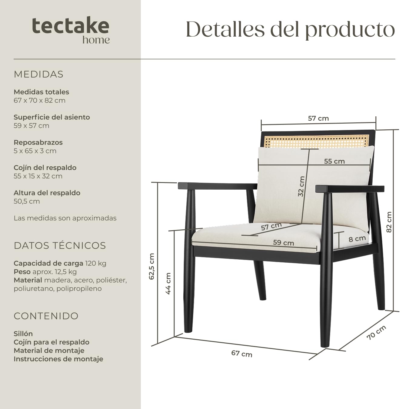 tectake® Sillón Vintage con Mimbre Vienés y Cojín Extraíble, Butaca de Salón con Reposabrazos y Gran Respaldo, Sillón Lectura, Sillón Relax de Fácil Montaje y Limpieza, Ideal Mueble Salón, Dormitorio