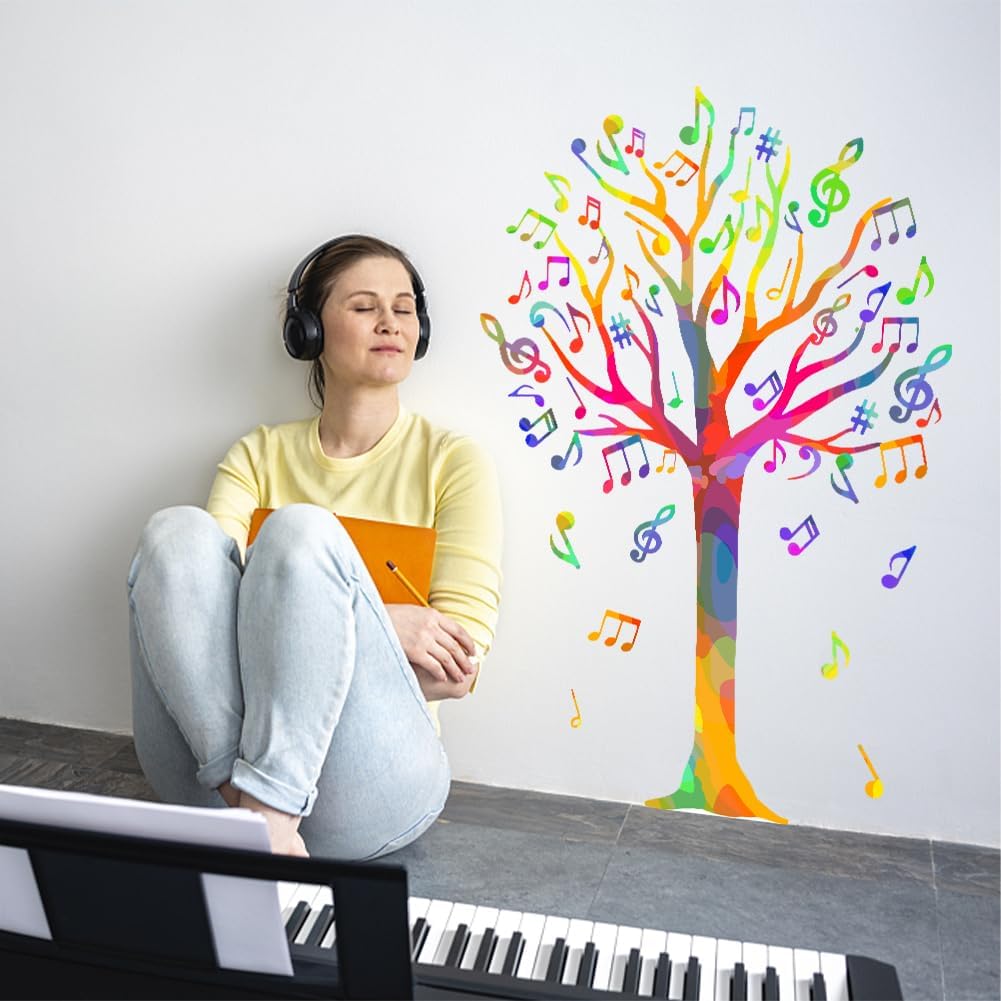 SUPERDANT Colorful Music Tree Wall Sticker Musical Notes Wall Decal Peel and Stick Vinyl Art Decals Home Decor for Nursery Music Room Classroom Bedroom Playroom Toddler Room Livingroom Decoration Gift