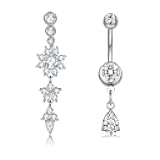 MODRSA Dangle Belly Button Ring Dangling Silver Gold Dangly Belly Piercing Jewelry Hypoallergenic Surgical Steel Butterfly Flower Navel Rings for Women Clicker Navel Piercings Pink