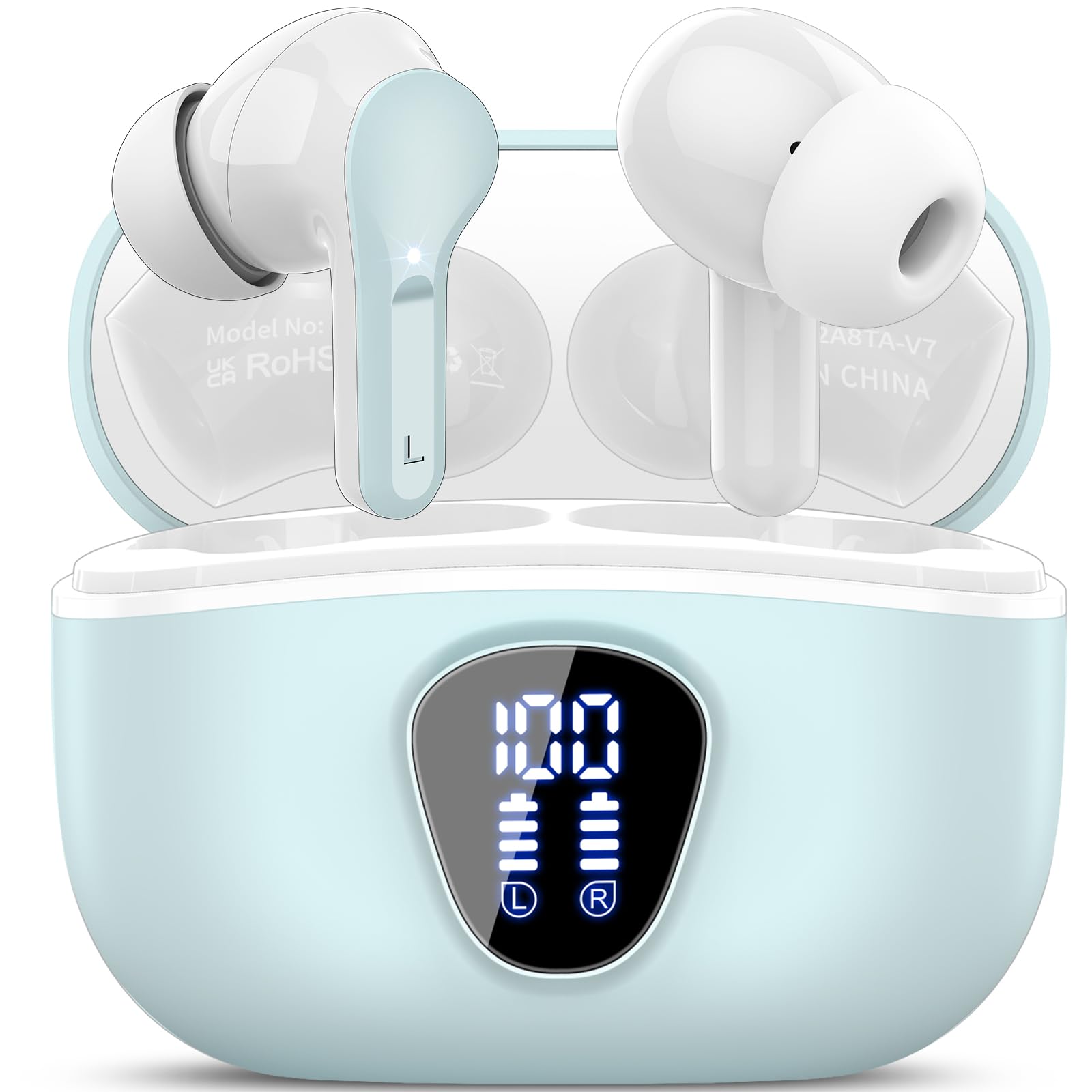 Wireless Earbuds, Bluetooth 5.4 Headphones HiFi Stereo, Bluetooth Earbuds with ENC Noise Cancelling Mic, IP7 Waterproof in Ear Earphones, 48H, LED Display Ear buds for Pad Workout Sports, Azure