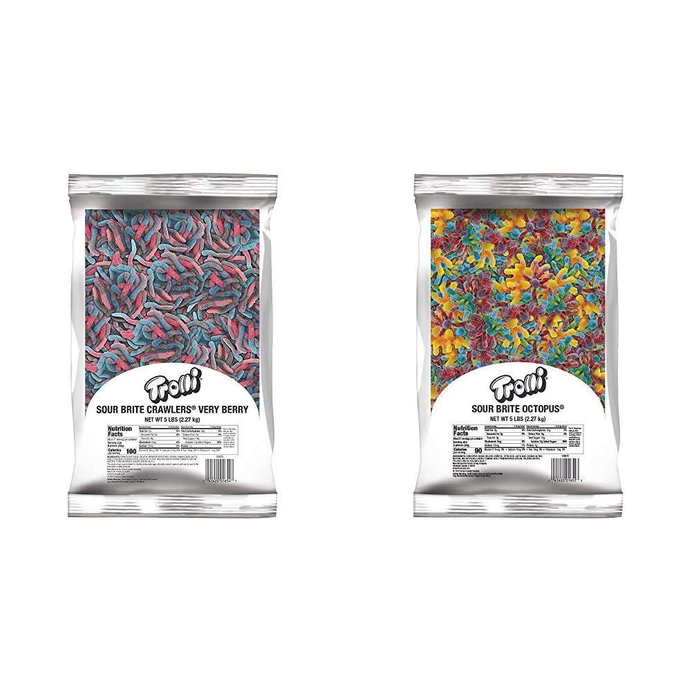 Sour Brite Crawlers, Very Berry, Gummy Worms Sour Candy, 5 Pound Bulk Bag and Trolli Sour Brite Octopus, Sour Gummy Candy, 5 Pound Bulk Bag