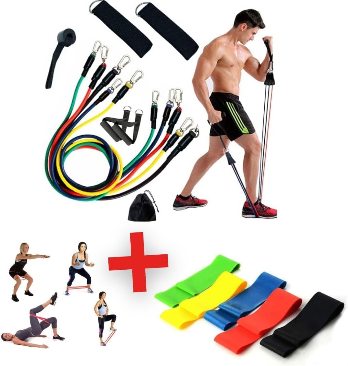 Kit 11Peças Elastico Extensor +Kit 5 Mini Band Treino Em Casa Exercícios Malhar
