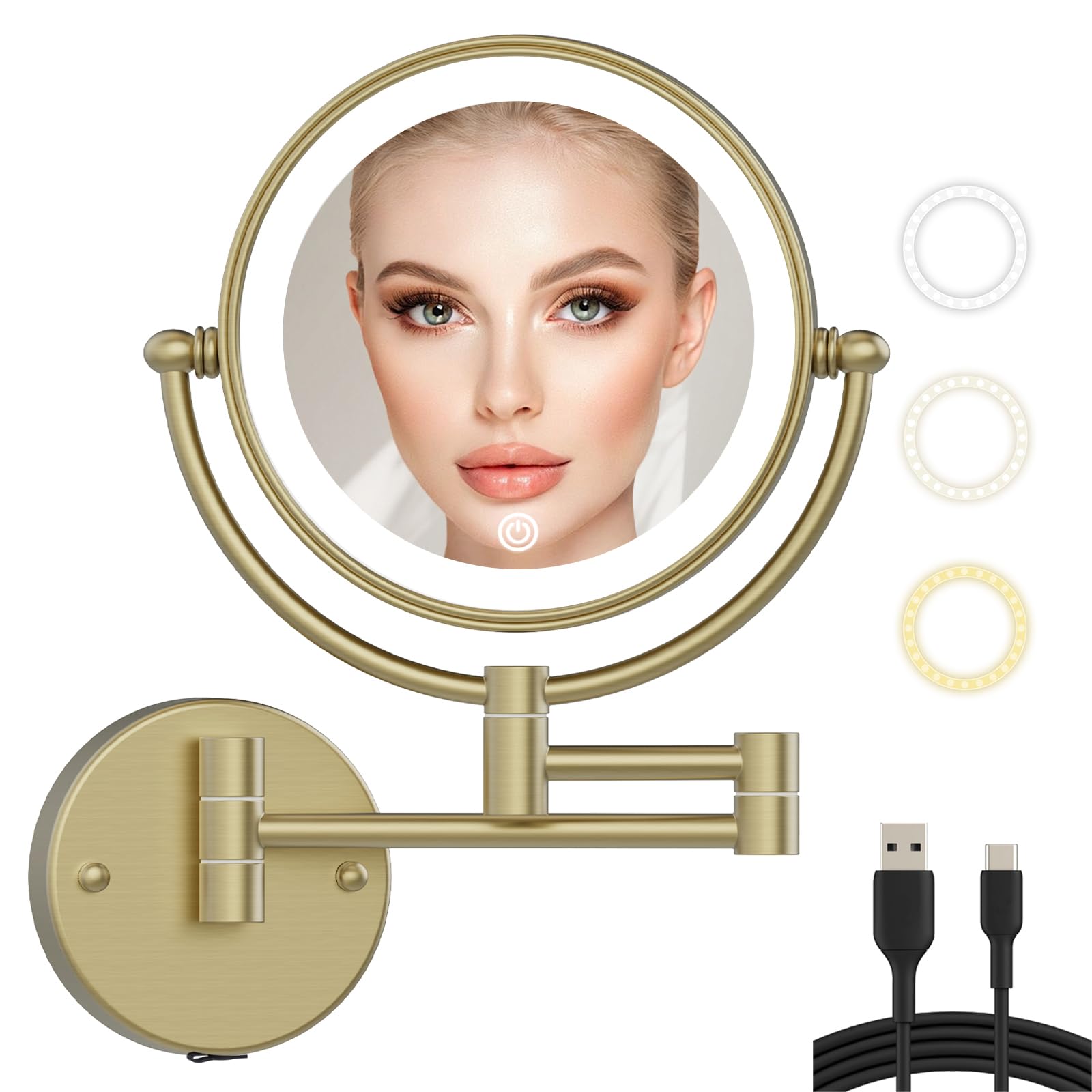 Miroir grossissant x10 de salle de bain en laiton chic à ultra luminosité réglable
