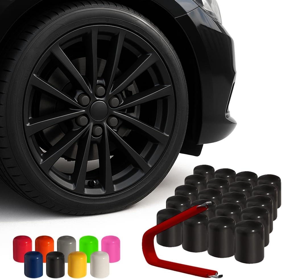 ColorLugs Vinyl Lug Nut Cover | Black | Flexible Fit Wheel Lug Nut Cap | Fits 21-23 mm | Pack of 25 | Includes Deluxe Extractor | Made in The USA