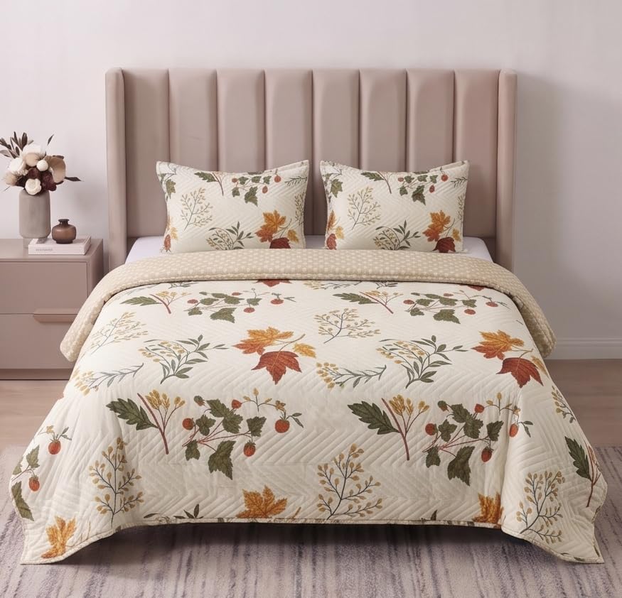 Furnistitchs Premium Microfiber Quilted Bedcover King Size Double Bed (90x100 Inches) | Luxury Bedspread & Heavy Sheet with 2 Pillow Covers | All-Season Comforter Blanket for Gifting - Cream Leafy-image-23