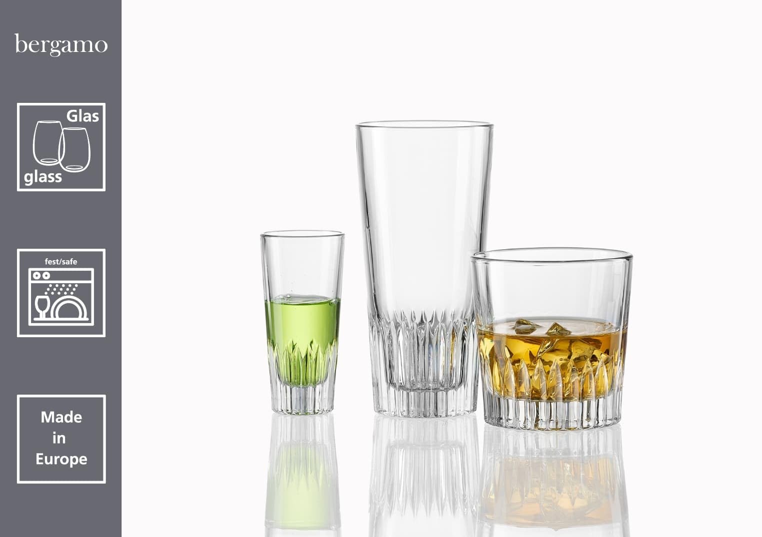 Ritzenhoff & Breker Bargläser-Set Bergamo | 18-teilig | Trinkgläser mit Außenrelief, Dicker Eisboden, Je 6x Longdrinkgläser Whiskygläser und Schnapsgläser, Spülmaschinenfest