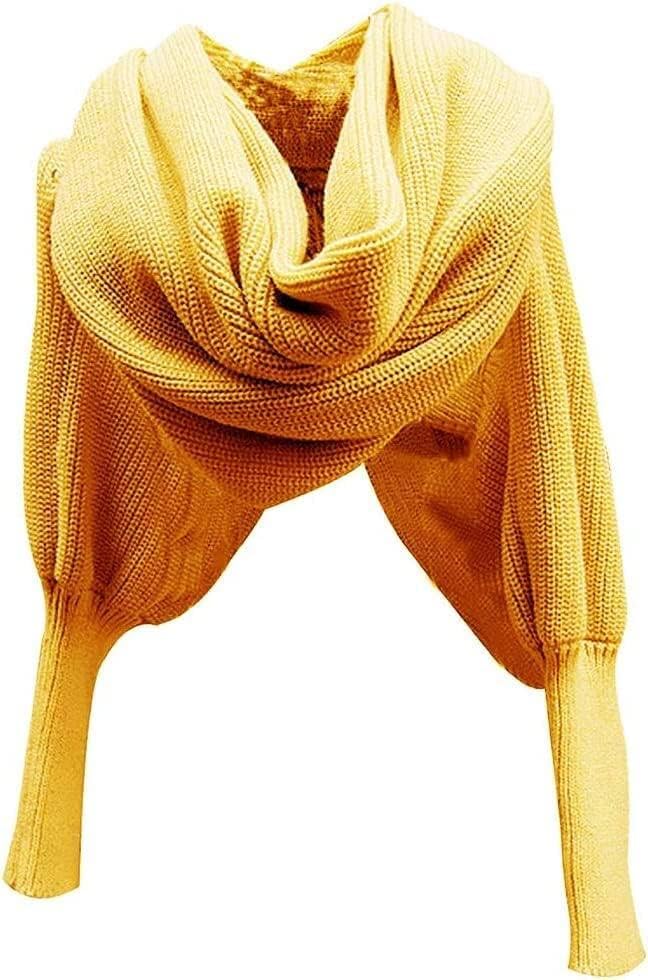 Women Winter Autumn Sweater Scarf Wrap with Sleeve, Fashion Solid Color Knitted Wrap Scarf Knitted Shawl Cape with Sleeve3