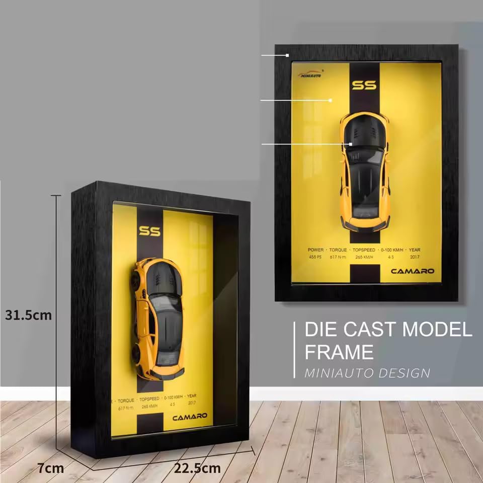 Image of WORSHIPER 3D Car Frame Wall Art Wooden Hanging Painting Frame with Removable Die-Cast Cars, Lights & Sounds Pull-Back Action & Opening Doors Collectible Display for Car Decoration (1:32 Camaro)