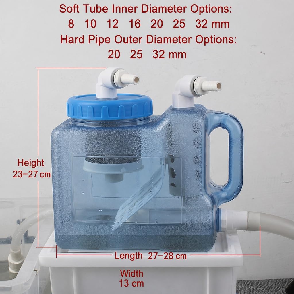 Collecteur Déchets Poissons 3L, Chambre Séparation | Réservoir Sédiments 3L, Maille Filtre Inox, Installation Externe, Sortie Vidange Basse, Cuve Semi-transparente(16mm)