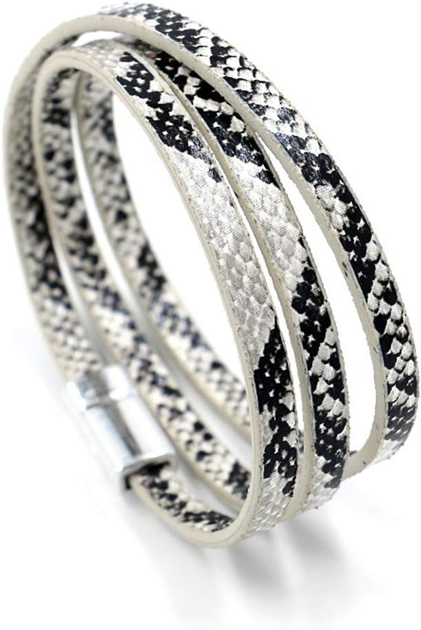 HUNO Multilayer Leopard Textured Cuff Bracelets Buckle Snakeskin PU Leather Wrap Cuff Bangle for Women-white