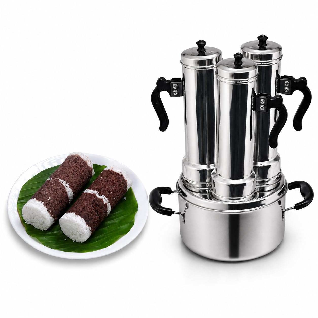 Nakshathra Stainless Steel Puttu Maker with Steamer 3 Plus 1 Free Extra Big with Caps, Puttu Kudam with Bakelite Handle, Induction & Gas Compatible, Toxin Free