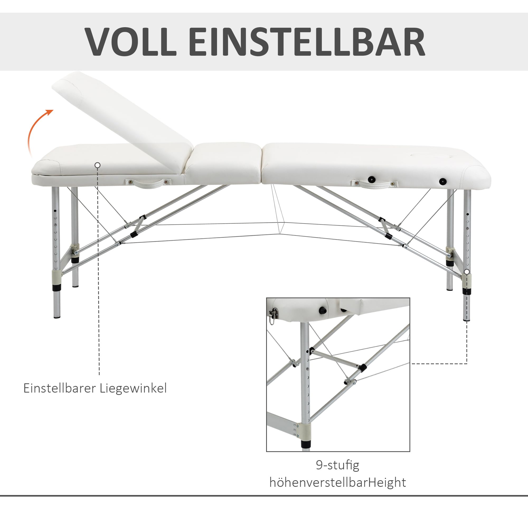 HOMCOM Mobile Massageliege 3 Zonen Klappbar Massagetisch mit Kopfstütze Armlehne Tragetasche höhenverstellbare Aluminium Massagebett tragbar inkl. Zubehör Massagebank bis 225 kg Belast Weiß