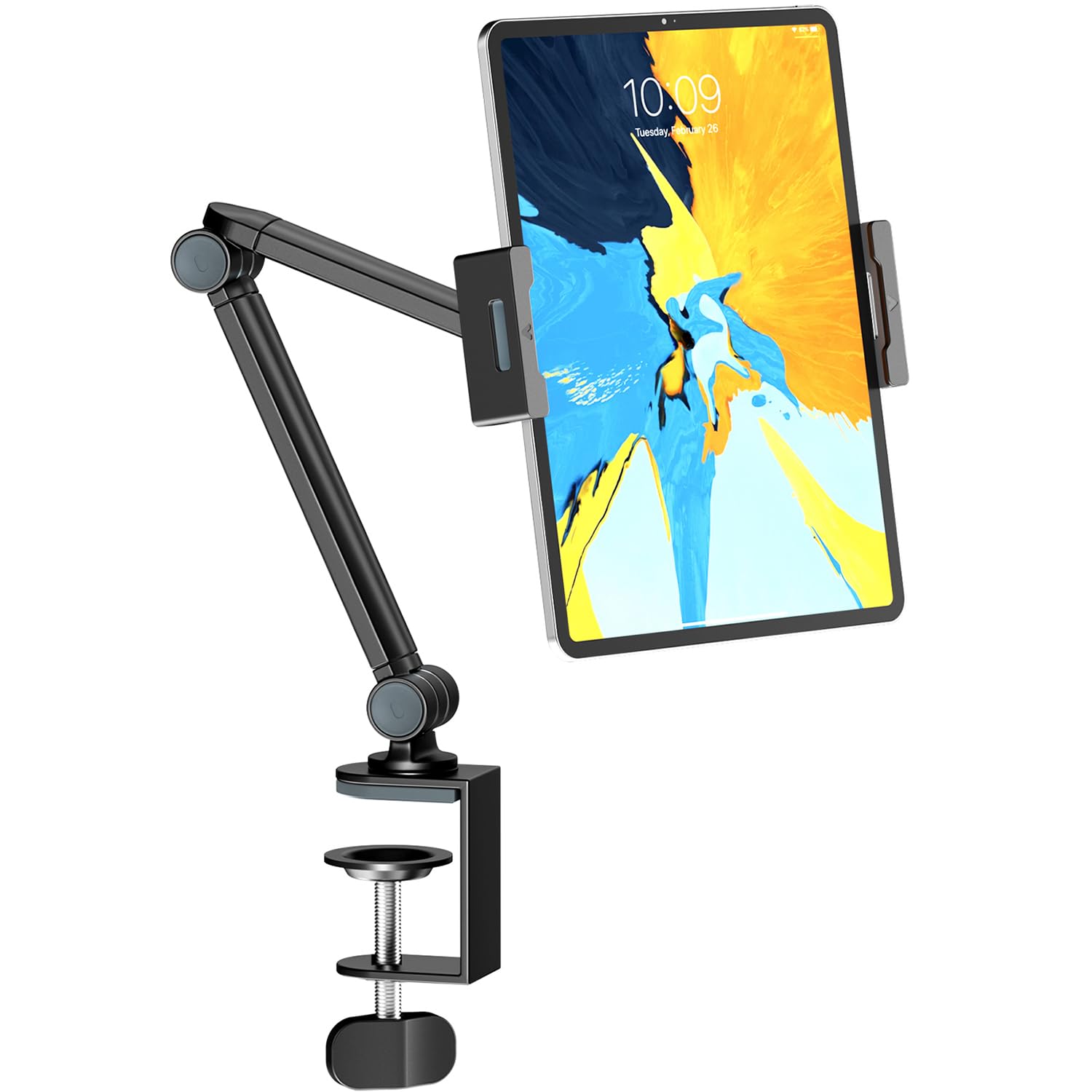 Support de Tablette Réglable 360° - Bras Double Axe Flexible et Hauteur Ajustable - Compatible iPad, Galaxy Tab, Kindle (4.7-12.9") - Noir