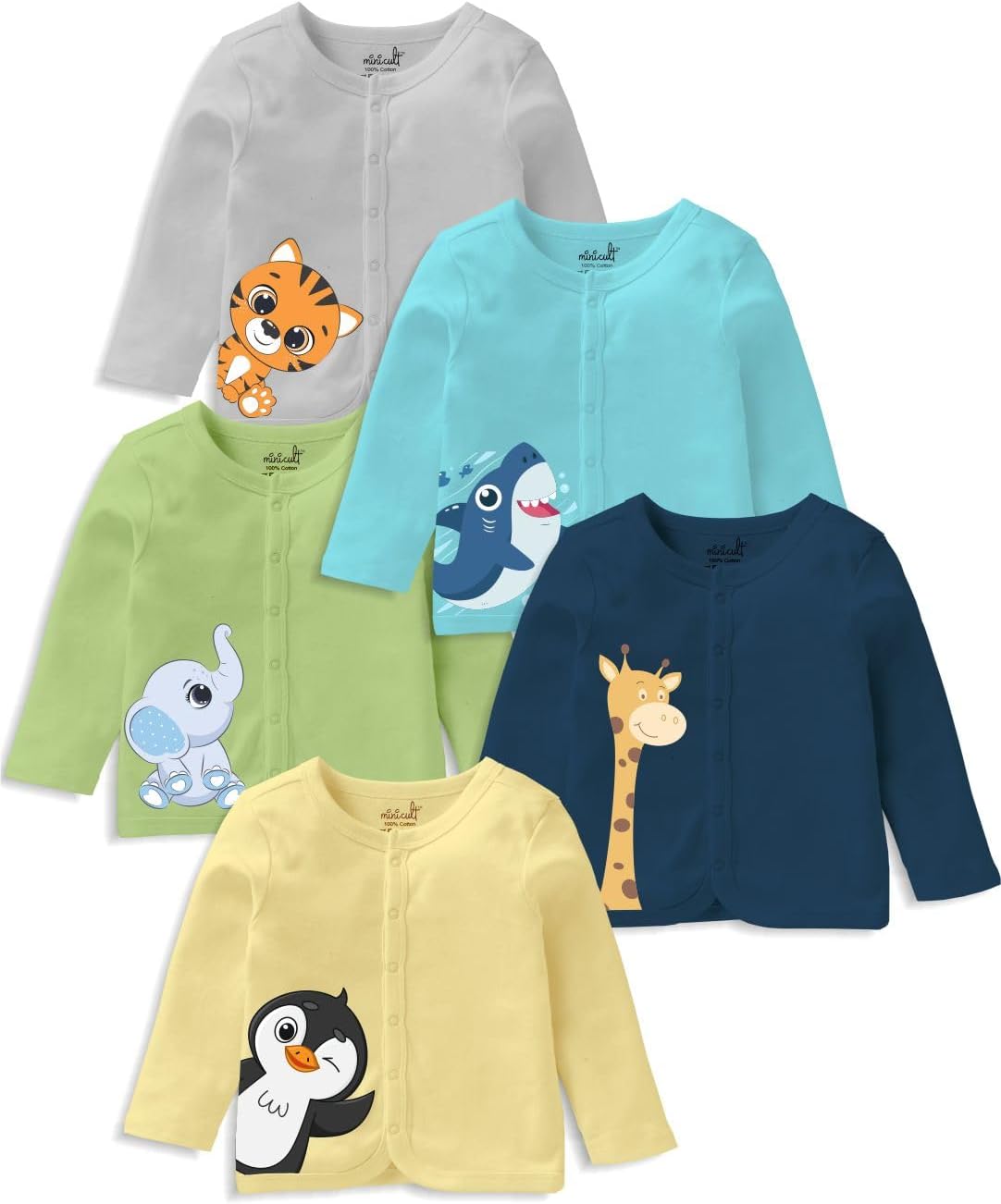 Cotton Unisex Front Open Full Sleeve T-Shirt with snap Buttons and Cute Prints Combo Pack