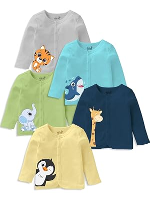 minicult Cotton Unisex Front Open Full Sleeve Regular Fit T-Shirt With Snap Buttons And Cute Prints Combo Pack, 12 Month