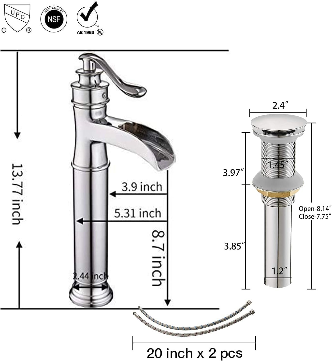 Homevacious Vessel Sink Faucet Brushed Nickel Waterfall Single Handle Single Hole Lavatory Faucet with Pop Up Drain Without Overflow Bundle Sink Overflow Hole Cover Trim Insert in Hole