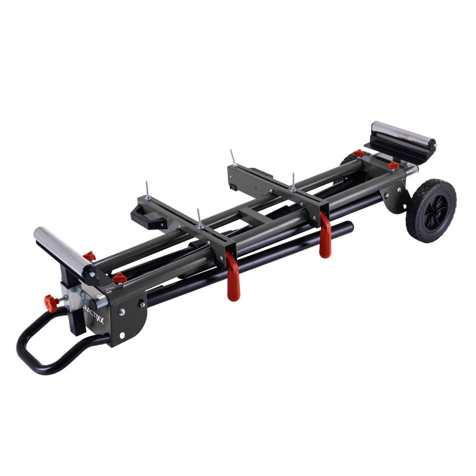 Practixx Untergestell für Kappsägen mit Rollen PX-UG-2000R | ausziehbar 1185-2000mm | Traglast 200kg | höhenverstellbare Rollenführung | Arbeitstisch mit Räder | inkl. Ablage für Werkstücke und Griff
