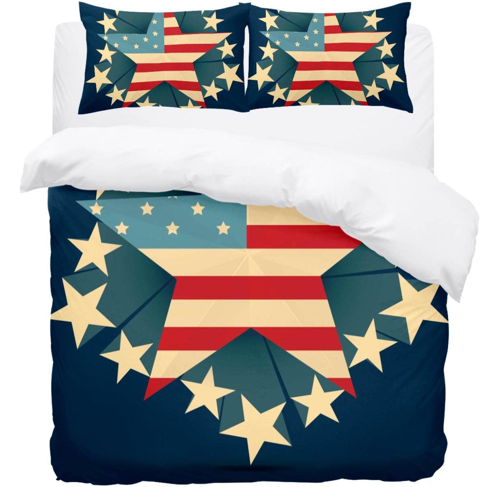 Parure de lit simple 3 pièces drapeau américain bleu avec housse et 2 taies d'oreiller étoiles