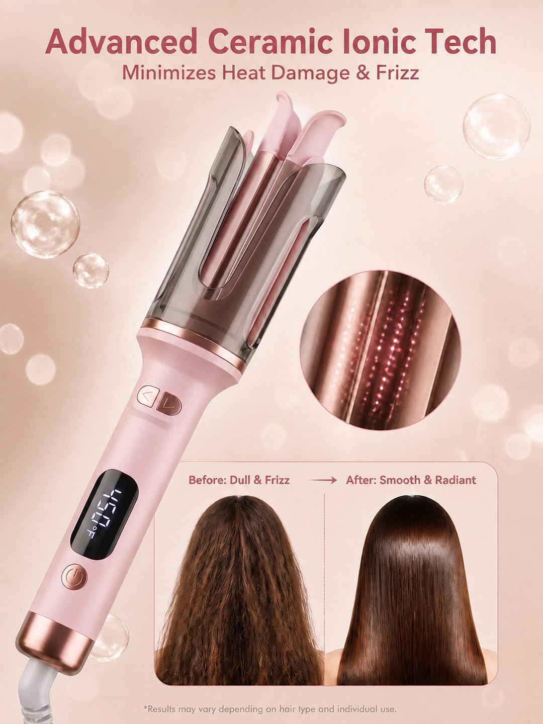 Automatic Curling Iron, 1 Inch Rotating Ceramic Hair Curler with Anti-Scald & Anti-Tangle Tech, 4 Temp Settings Fast Heat Auto Hair Wand for Long & Medium Hair, Pink