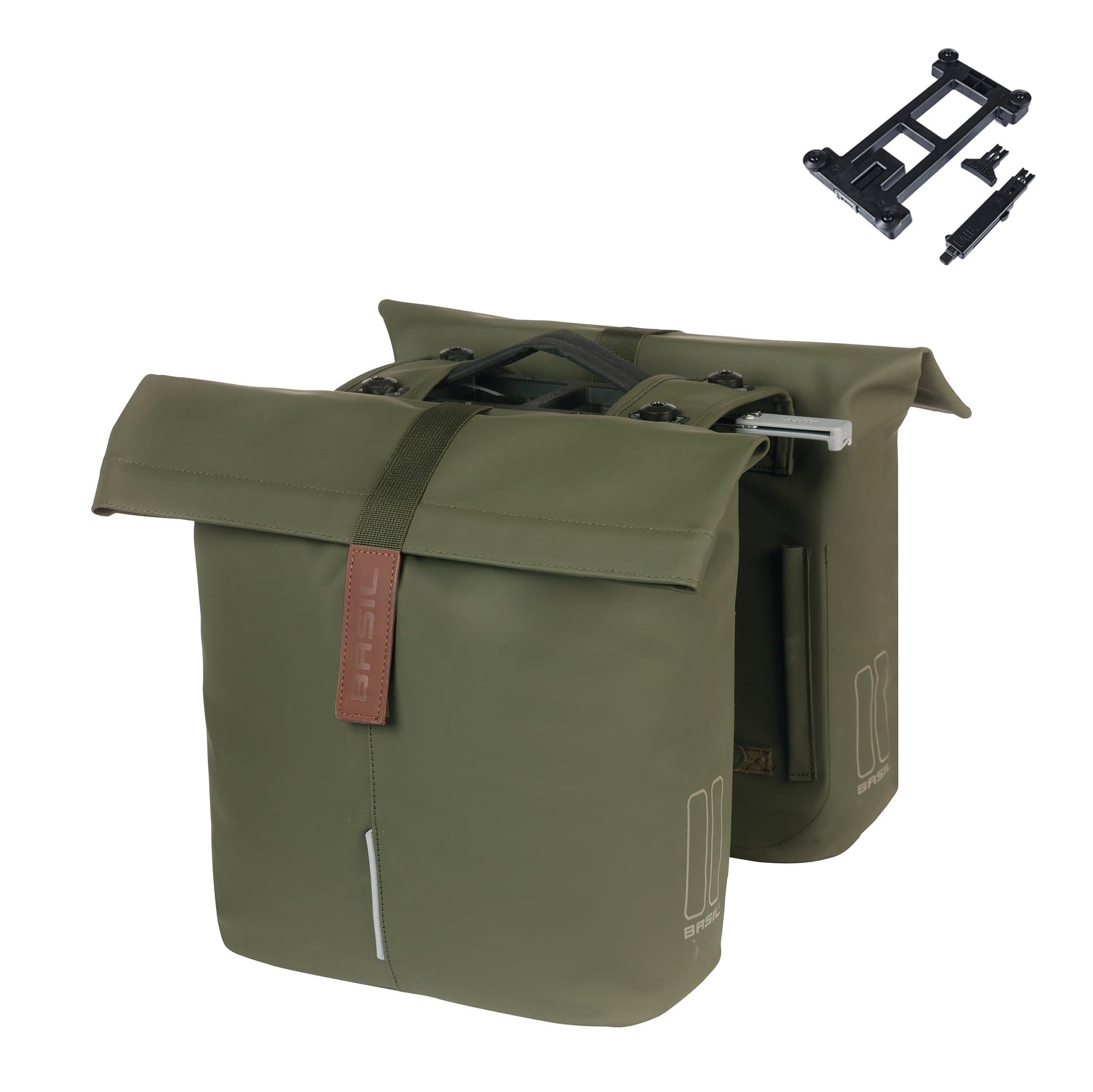 Basil City Double Bag MIK - 28-32L, Green, Water-Repellent, Includes Lockable MIK Adapter Plate, Ideal for City and Commuting