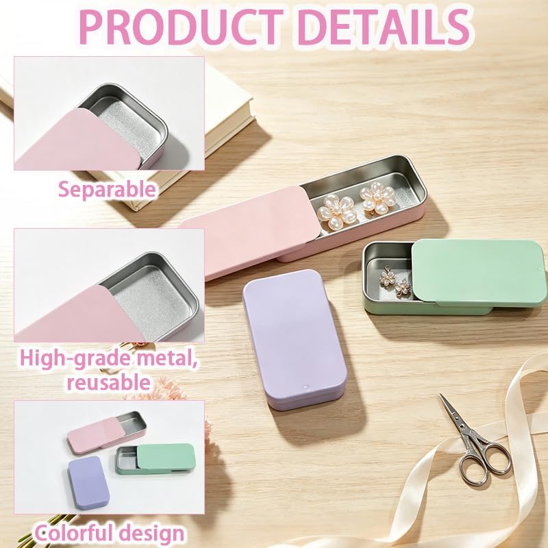 3Pcs Small Metal Tin Boxes, Slide Top for Candy Jewelry, 3 Colors