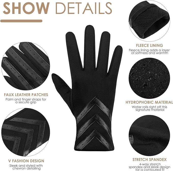 Winter Gloves for Women Touchscreen, Womens Gloves Chevron Spandex Fleece Lined, Gloves for Women Leather Anti-Slip - Image 2