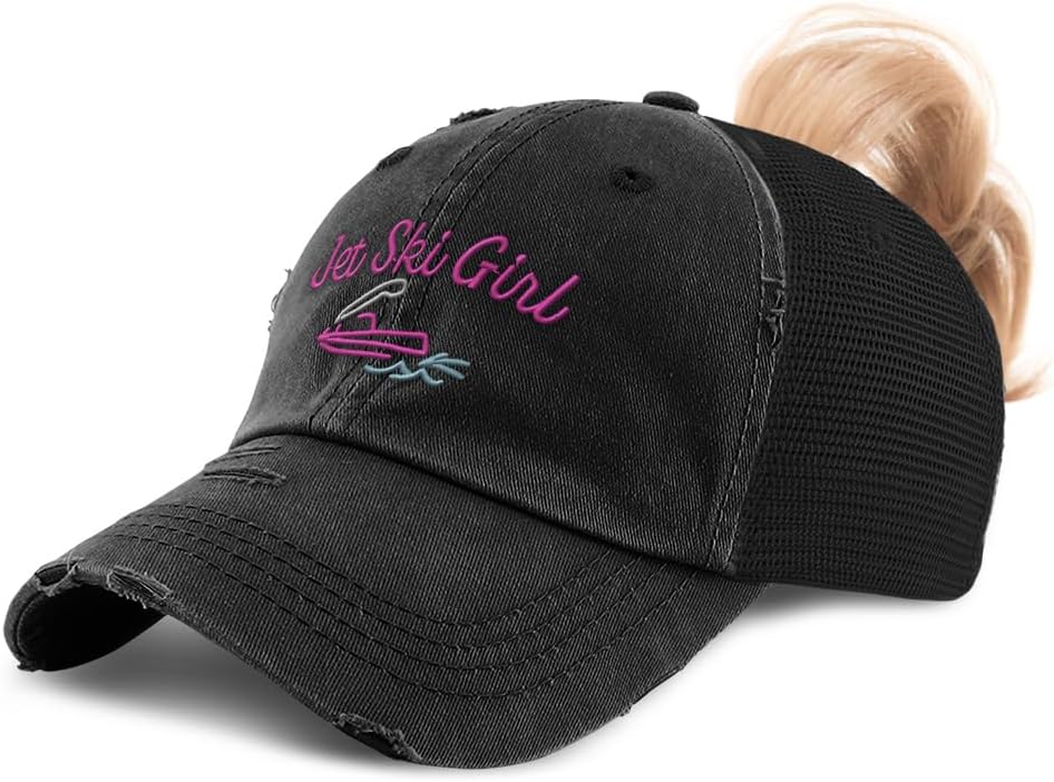 Ponytail Cap Women’s Baseball Cap Embroidered Jet Ski Girl Sun Hat with Ponytail Hole High Pony Hat Cotton