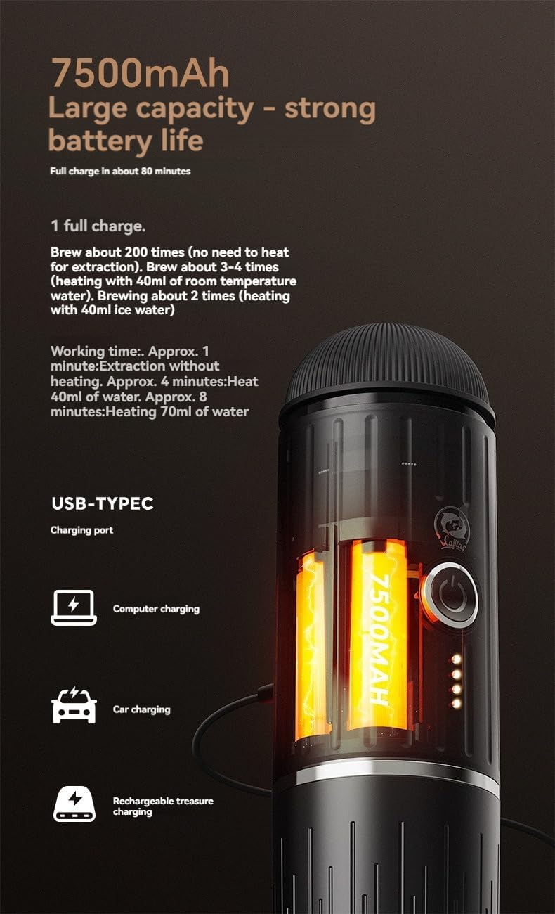 Coffee machine new wireless heating electric Italian coffee machine powder capsule charging portable outdoor travel car home use (black), 248*75mm, COFF01