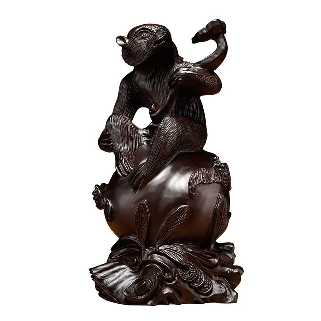 ATREDESES Office Decor Wooden Carving Ruyi Monkey Ornament Animal Monkey Solid Wood Home Decorations Mahogany Crafts Home Decor(10.23in)