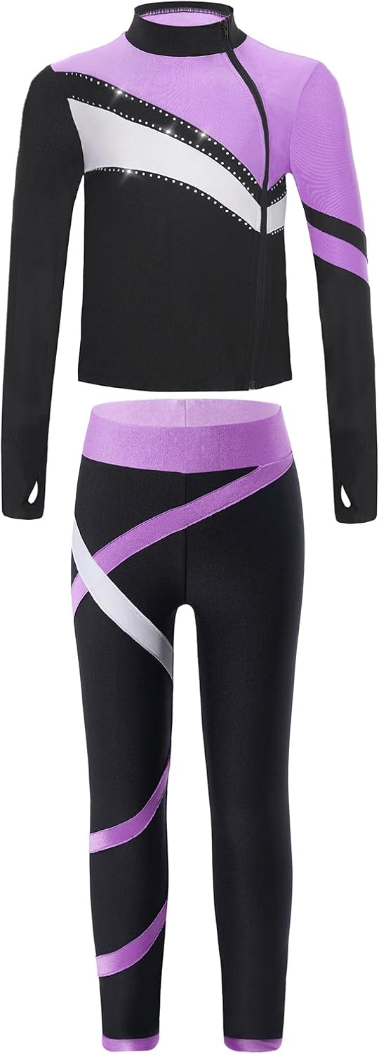 YiZYiF Kids Girls Rhinestones Contrast Color Skating Suit Long Sleeve Zipper Sweatshirt and Tights Set