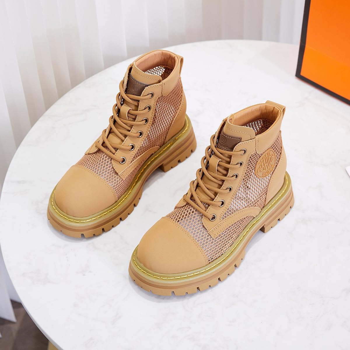 Women's Platform Ankle Boots Hollow Leather Booties with Side Zipper Ladies Lace Up Combat Boots