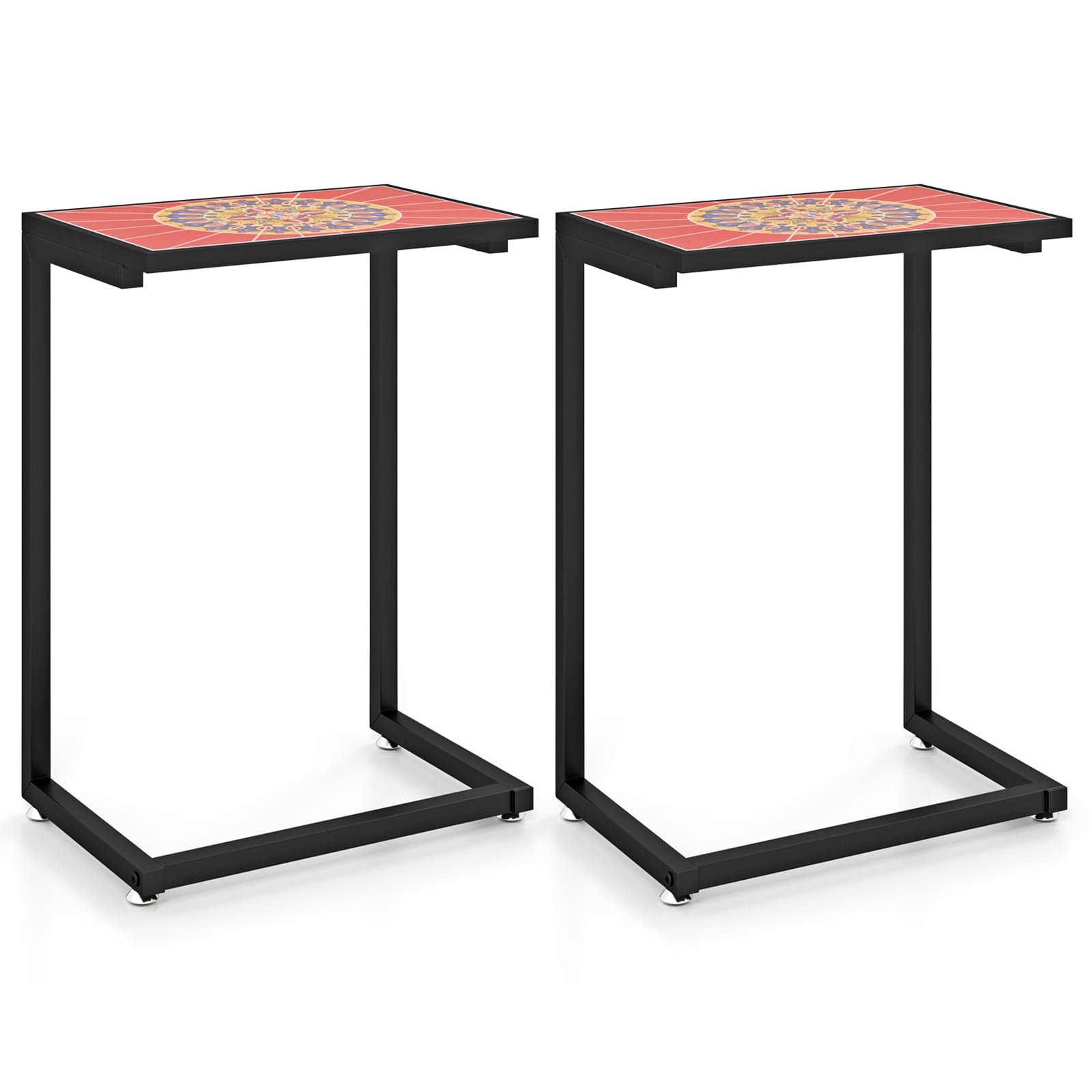 Giantex Mosaic C-Shaped Outdoor Side Table with Sturdy Metal Frame and Adjustable Foot Pads, 110 Lbs Capacity, Patio End Table for Sofa Side, Living