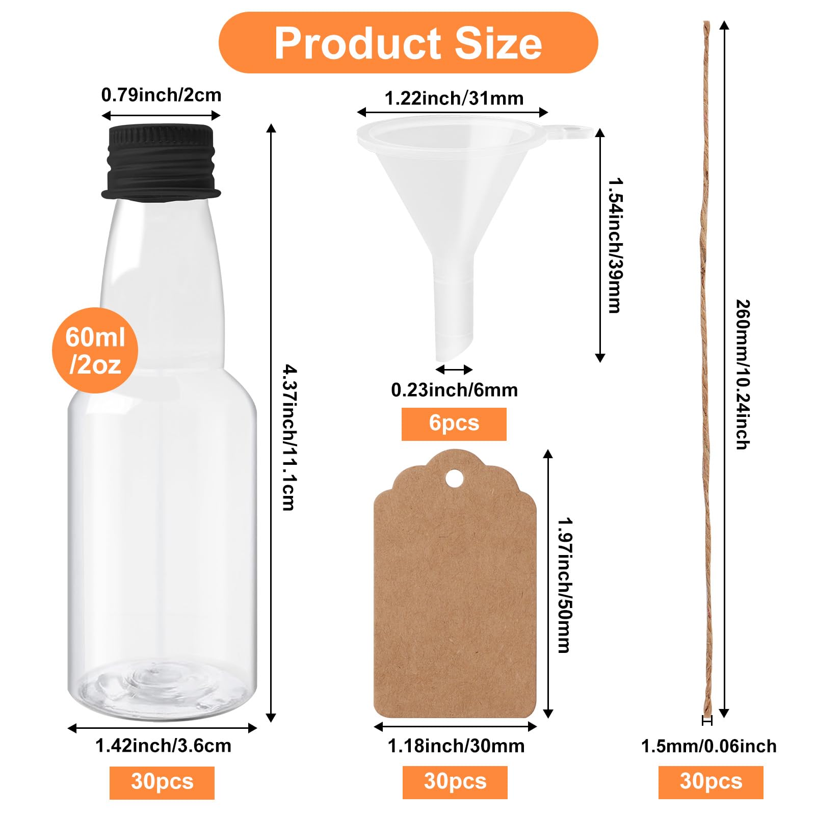 96Pcs Mini Liquor Bottles Set, Include 30Pcs 2 oz Alcohol Shot Containers with Black Cap, 6 Funnels, 30 Tags and 30 Ropes, Plastic Empty Spirit Bottles for Wedding Party Supplies