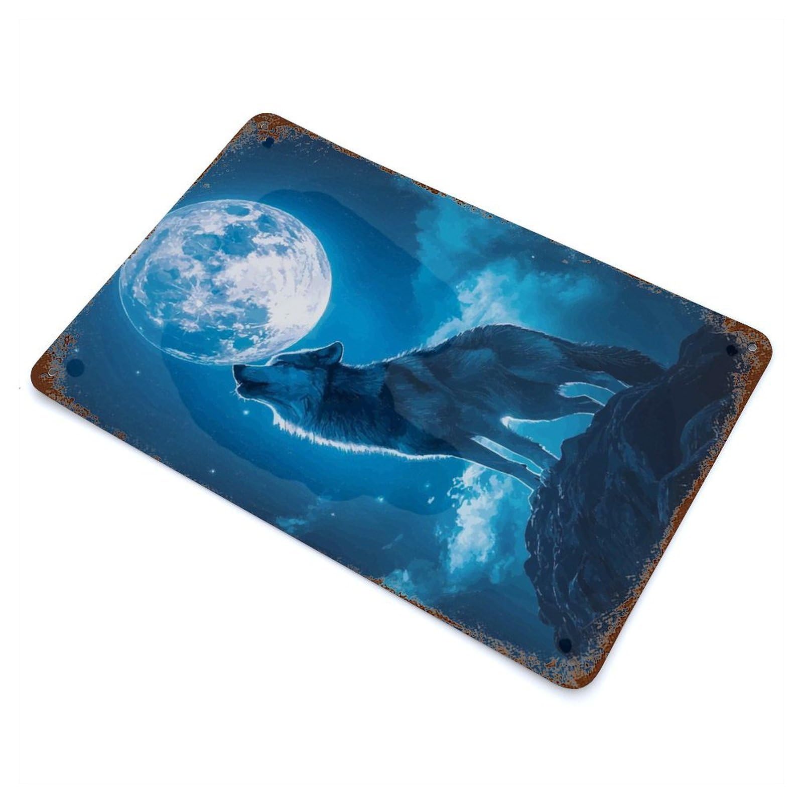 Wolf Howling at The Moon Vintage Rust Metal Sign 11.8"x7.9", Classic Wall Plaque for Basement, Hobby Room And Garage Decor