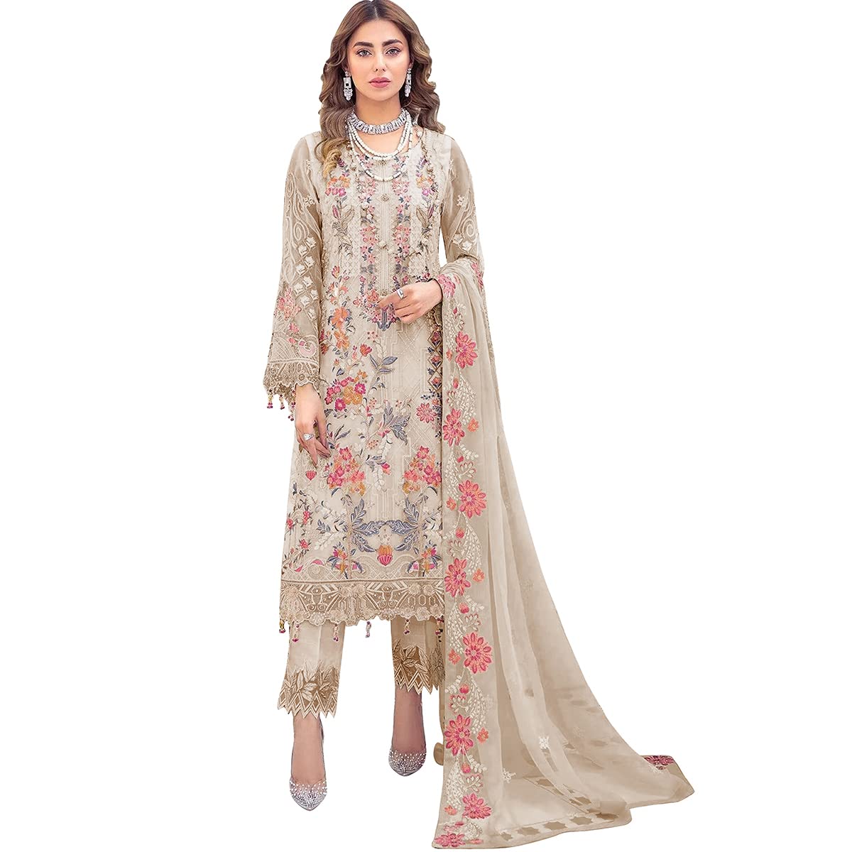 VIKKUTEX® Women's Georgette Semi Stitched Pakistani Salwar Suit (Pakistani Pakistani suit-SF171459 Brown Free Size)