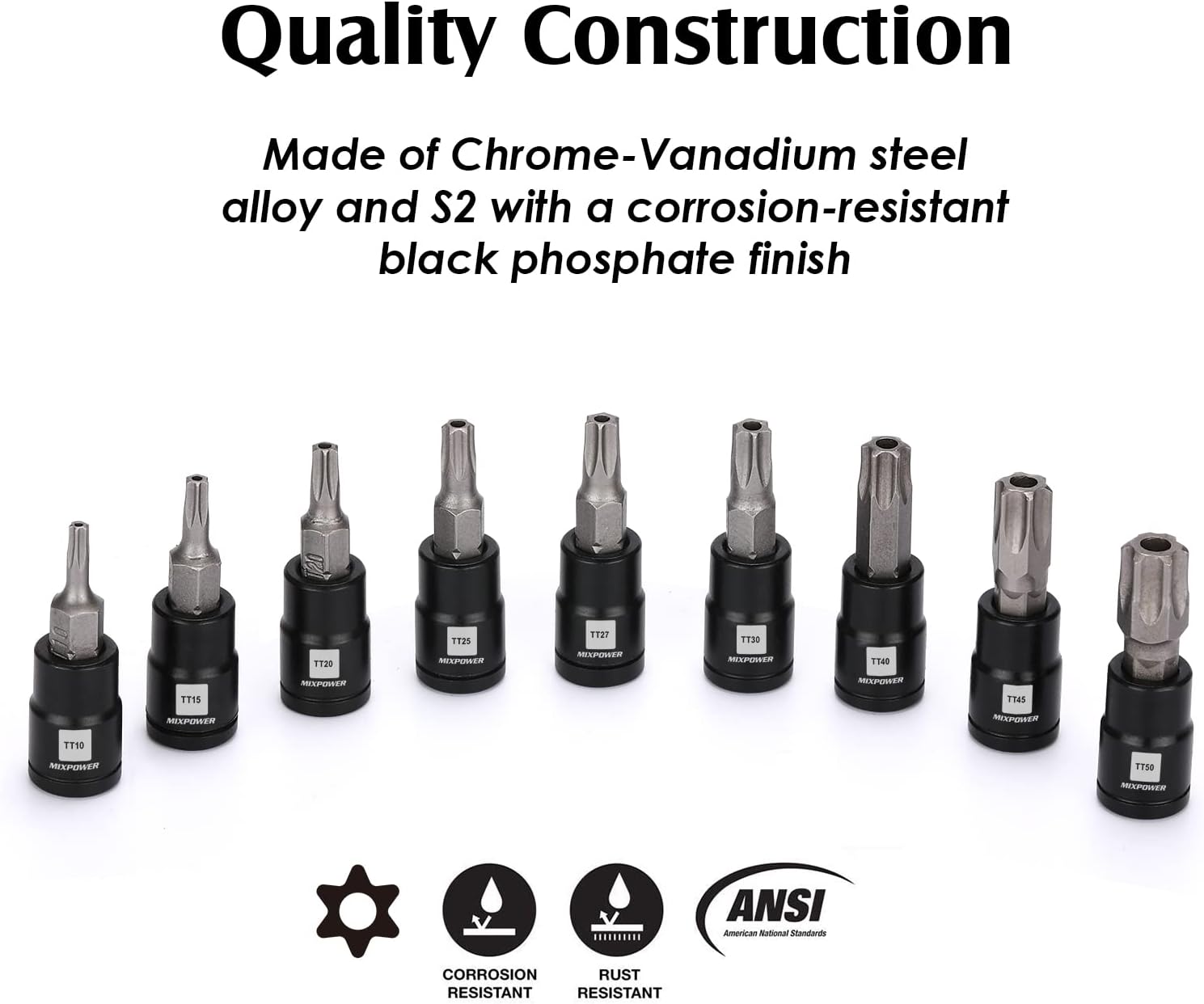 MIXPOWER 9 Pieces 1/4" Drive Torx Bit Socket Set, Tamper-Proof Torx Bit Sockets, CR-V Sockets & S2 Steel Bits, TT10 - TT50