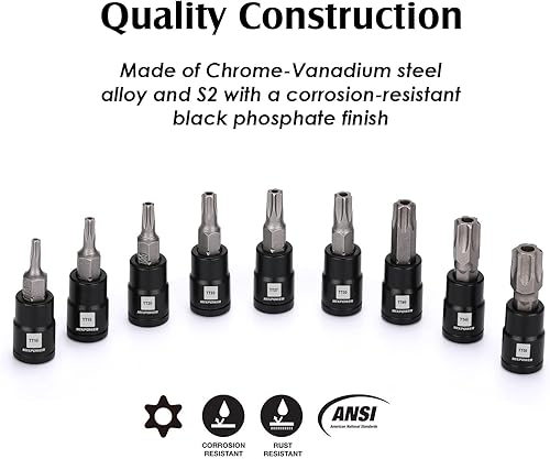 Miniatura 3 de MIXPOWER Juego de 9 piezas de dados Torx de 14 de pulgada, enchufes Torx a prueba de manipulaciones, enchufes CR-V y brocas de acero S2, TT10 - TT50