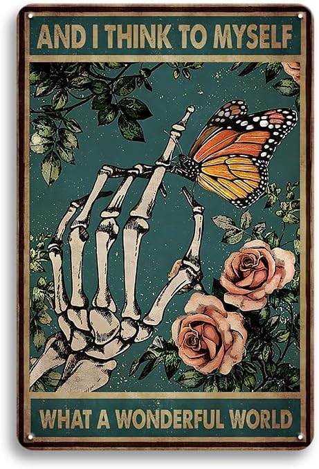 Letrero de metal retro con texto en inglés "What a Wonderful World-Retro Metal Tin Sign Gothic Skull Butterfly Vintage Sign for Home Coffee Garden