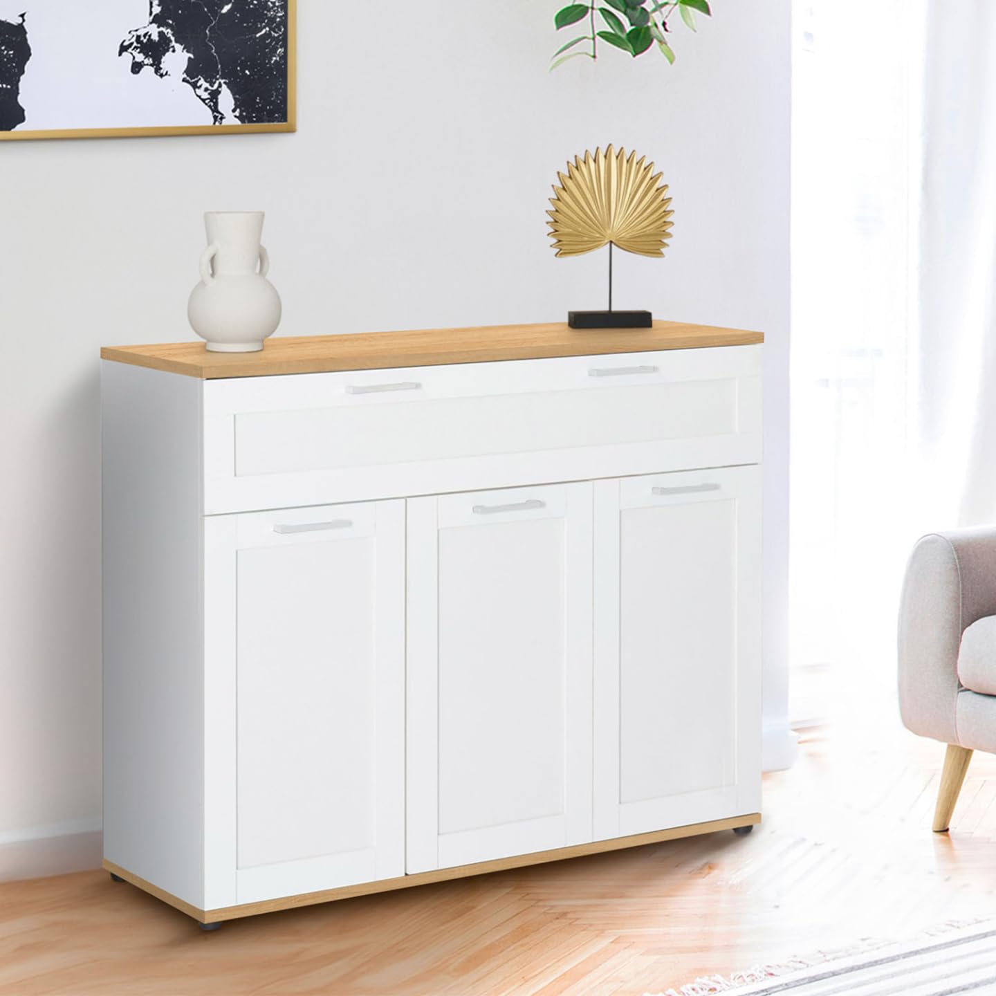 IDMarket - Buffet 100 cm VITO 3 Portes et 1 tiroir Blanc et Plateau Bois