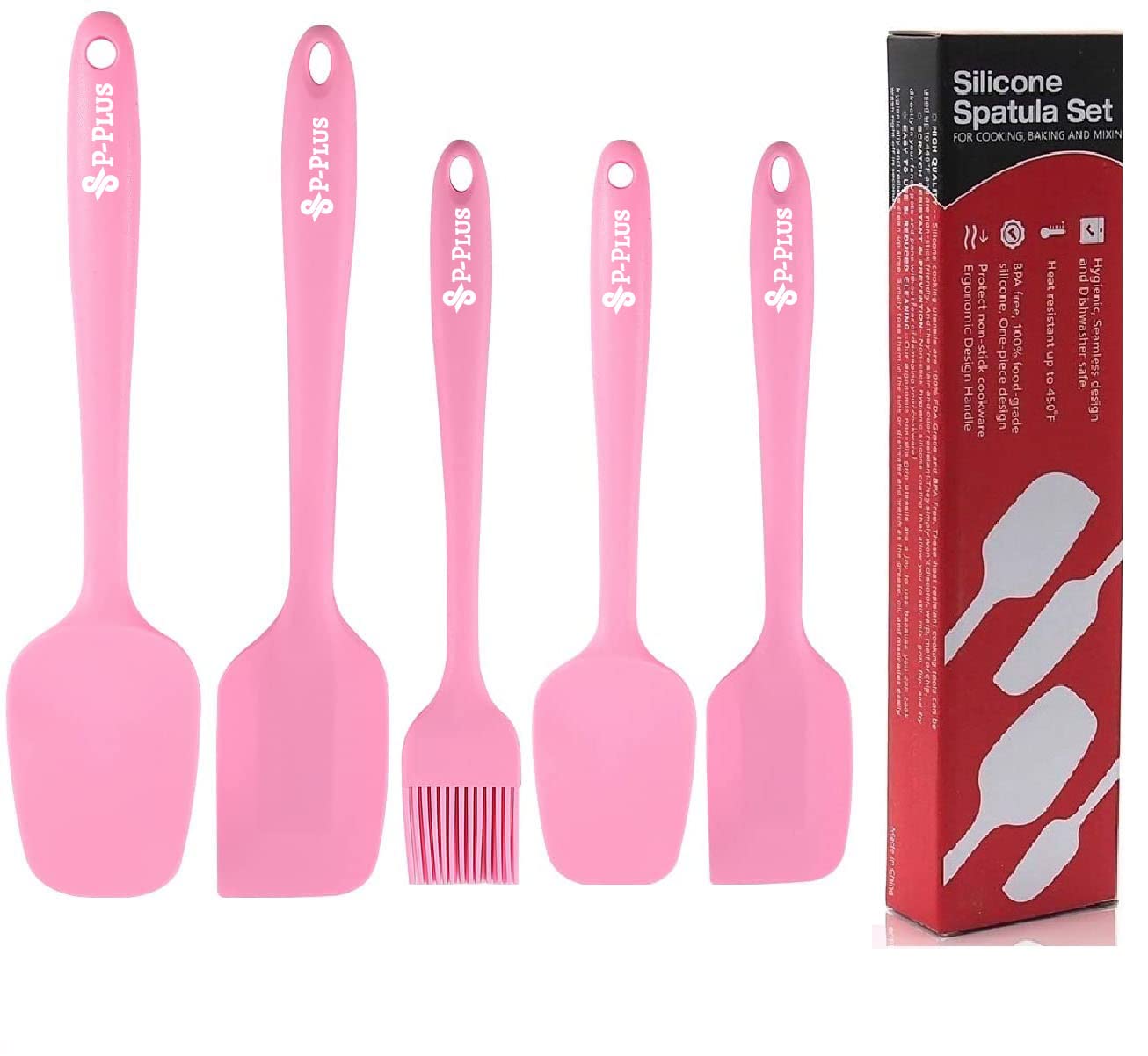 P Plus Fire Premium Silicone Spatula Set of 5 for Cooking-1 Year Warranty-FDA Approved and High Heat Resistant for Non-Stick Flexible Scraper,Cooking Mixing Baking Kitchen Utensils (Pink)
