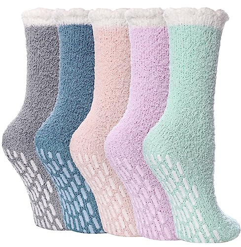 Image of Yebing Non Slip Hospital Socks for Women with Grips Fuzzy Cozy Anti Skid Slipper Socks Winter Warm Soft Fluffy Sleep Socks
