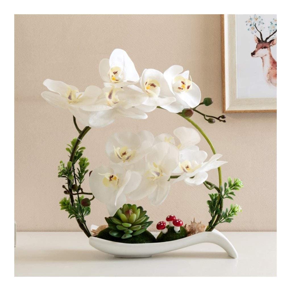 Sjdopulse White Artificial Flowers Artificial Orchids Decoration - Real Texture Phalaenopsis Flower Bonsai Round Shaped Faux Orchids With Leaves Stem Decor With Vase For Home/Kitchen/Bedroom/,