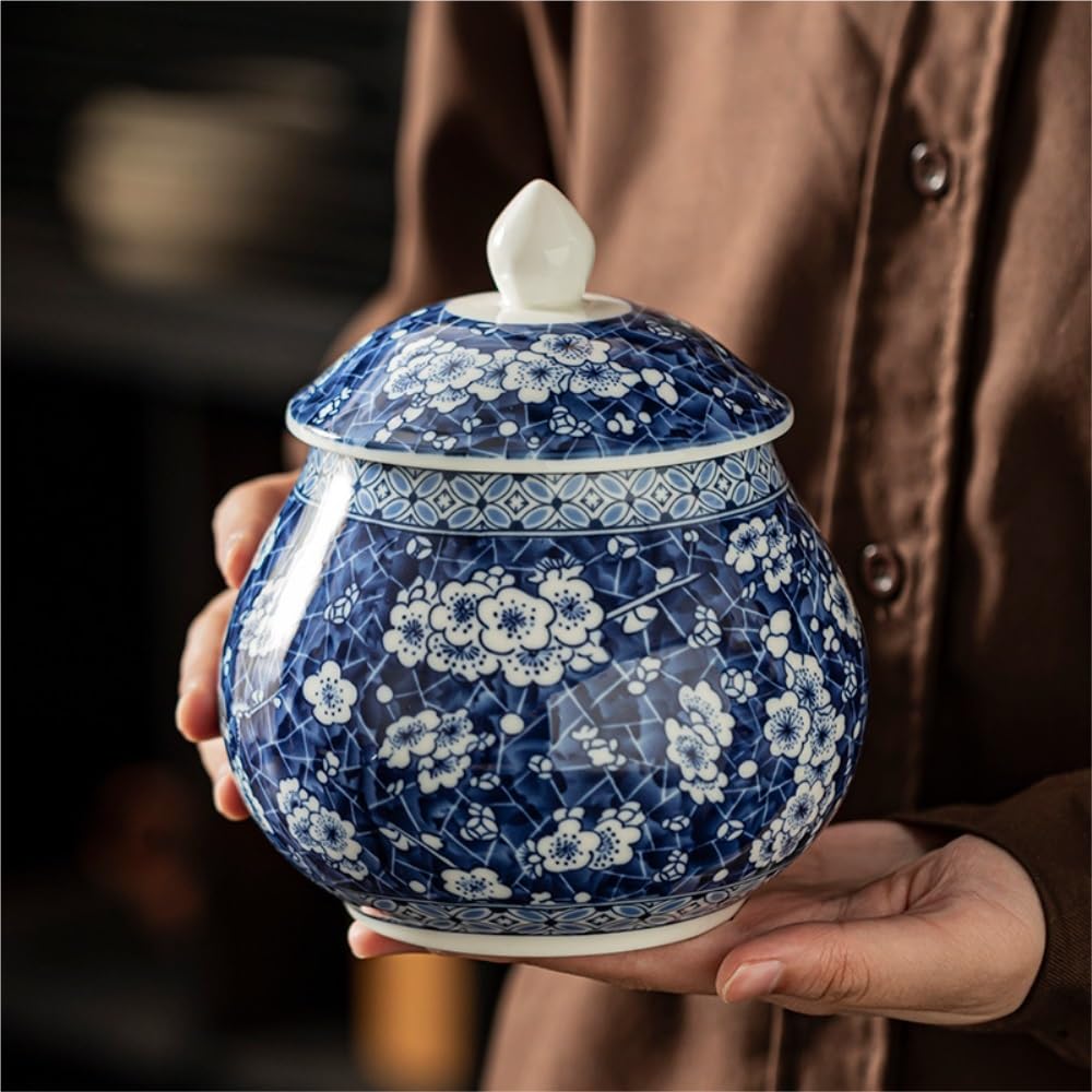 Set Da Tè Contenitore in ceramica for la conservazione del tè sfuso Barattolo sigillato Set da tè retrò blu e bianco Barattolo singolo/bicchiere doppio Set di scatole regalo Barattolo Per Conservare I