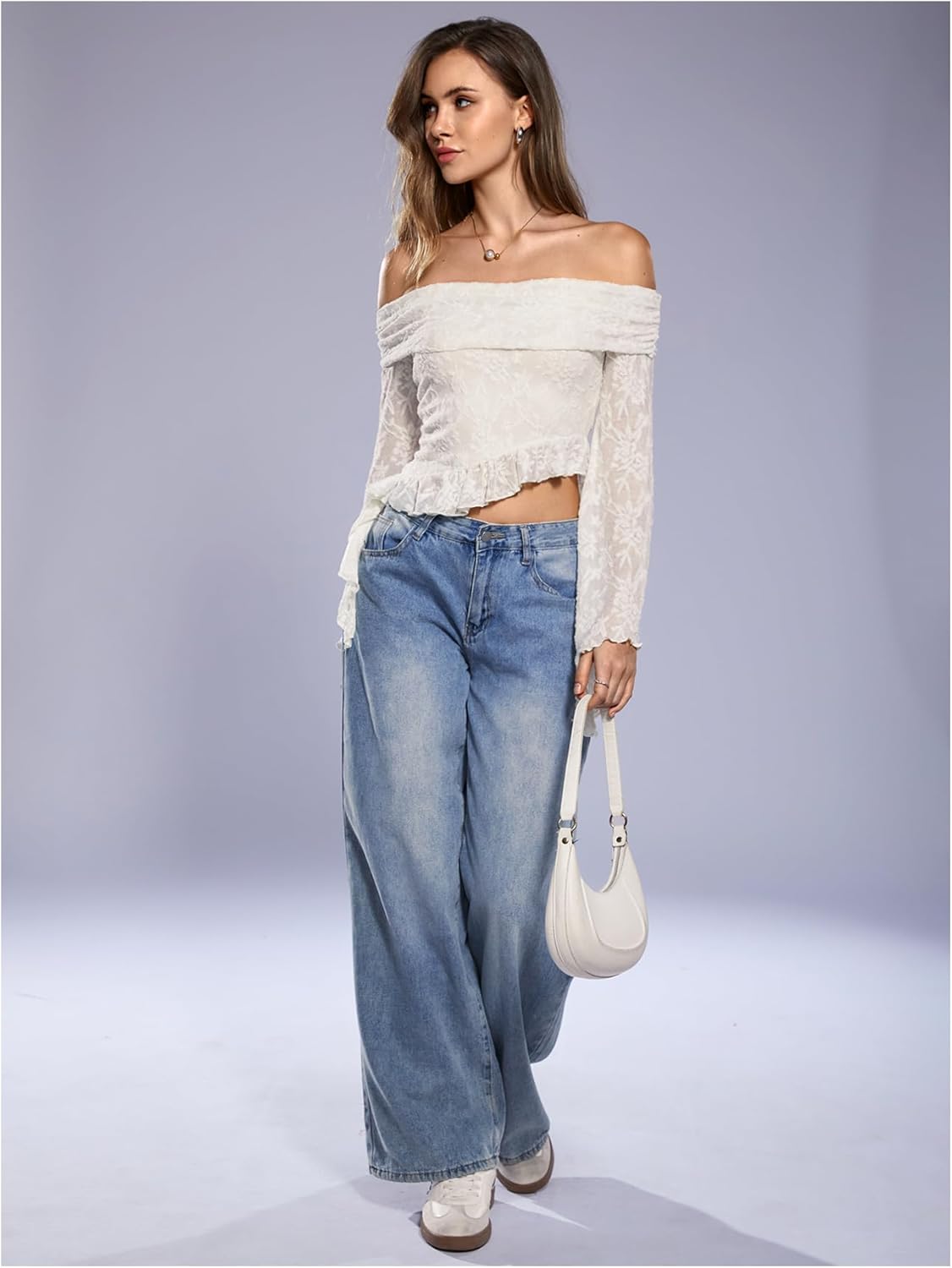 SweatyRocks Women's Floral Lace Off The Shoulder Top Y2k Bell Sleeve Crop Tops Asymmetric Shirts Going Out - Image 5