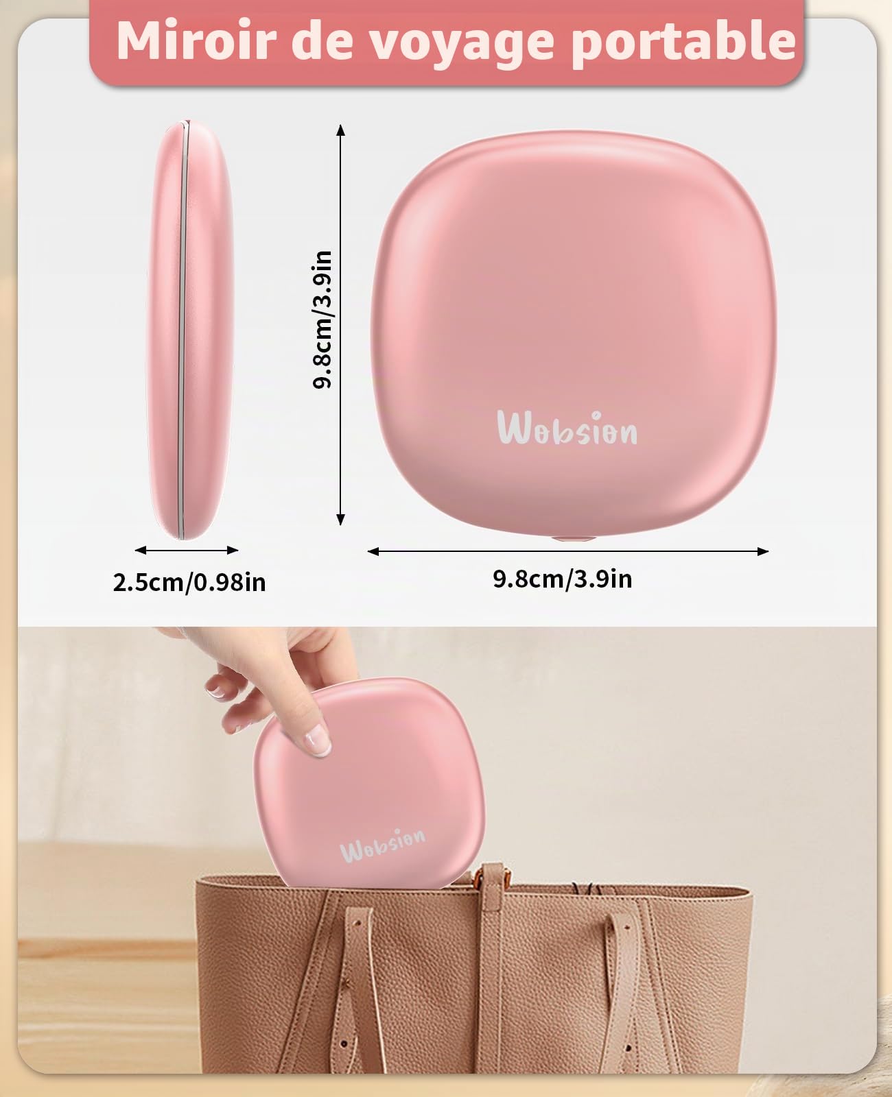 WOBSION Miroir de Poche Rechargeable, Miroir de Voyage Grossissant 1x/10x avec Lumière LED, Miroir de Maquillage Double Face pour Sac à Main, 10cm, Or Rose